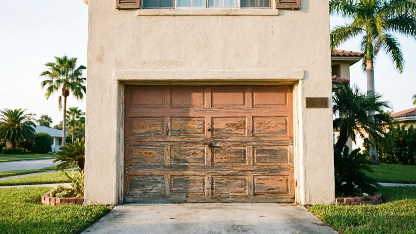 The house has a weathered wooden garage door with peeling paint and a window above.