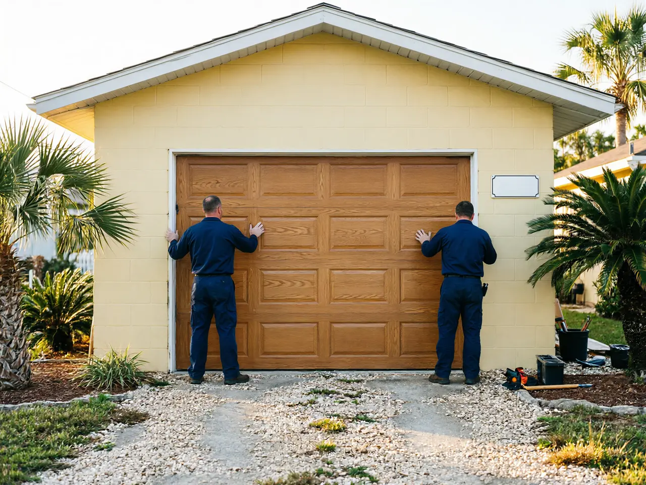 Two technicians install a brown garage door on a yellow garage.