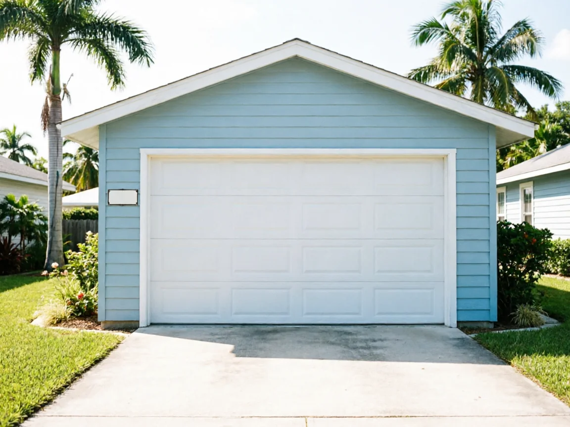 A light blue garage with a white garage door and a concrete driveway.