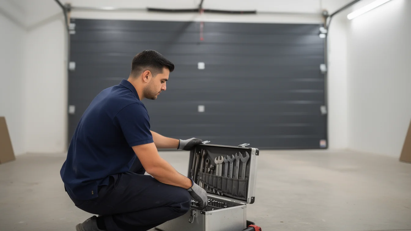 A technician kneels, opening a toolbox in front of a gray garage door.