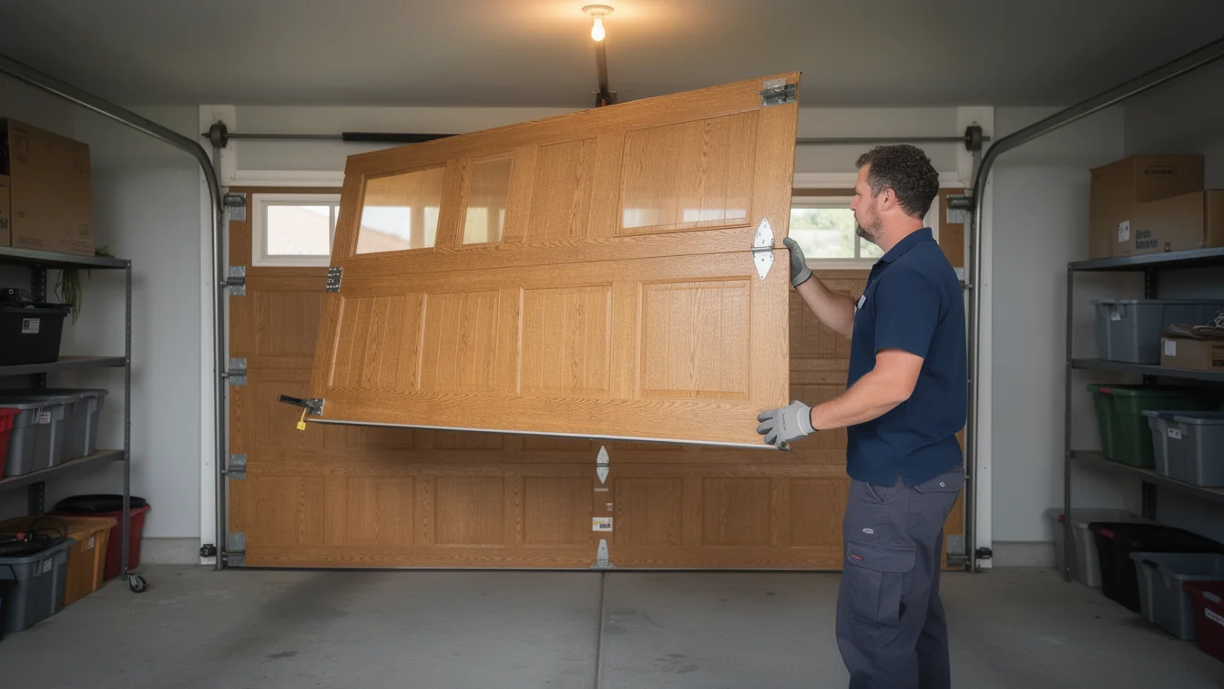A technician in a blue shirt and gray gloves installs a light brown garage door panel.
